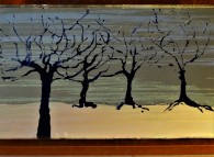 Blue trees; small stained glass verre eglomise panel; white, moon & lemon gold, 12x20cm, POA